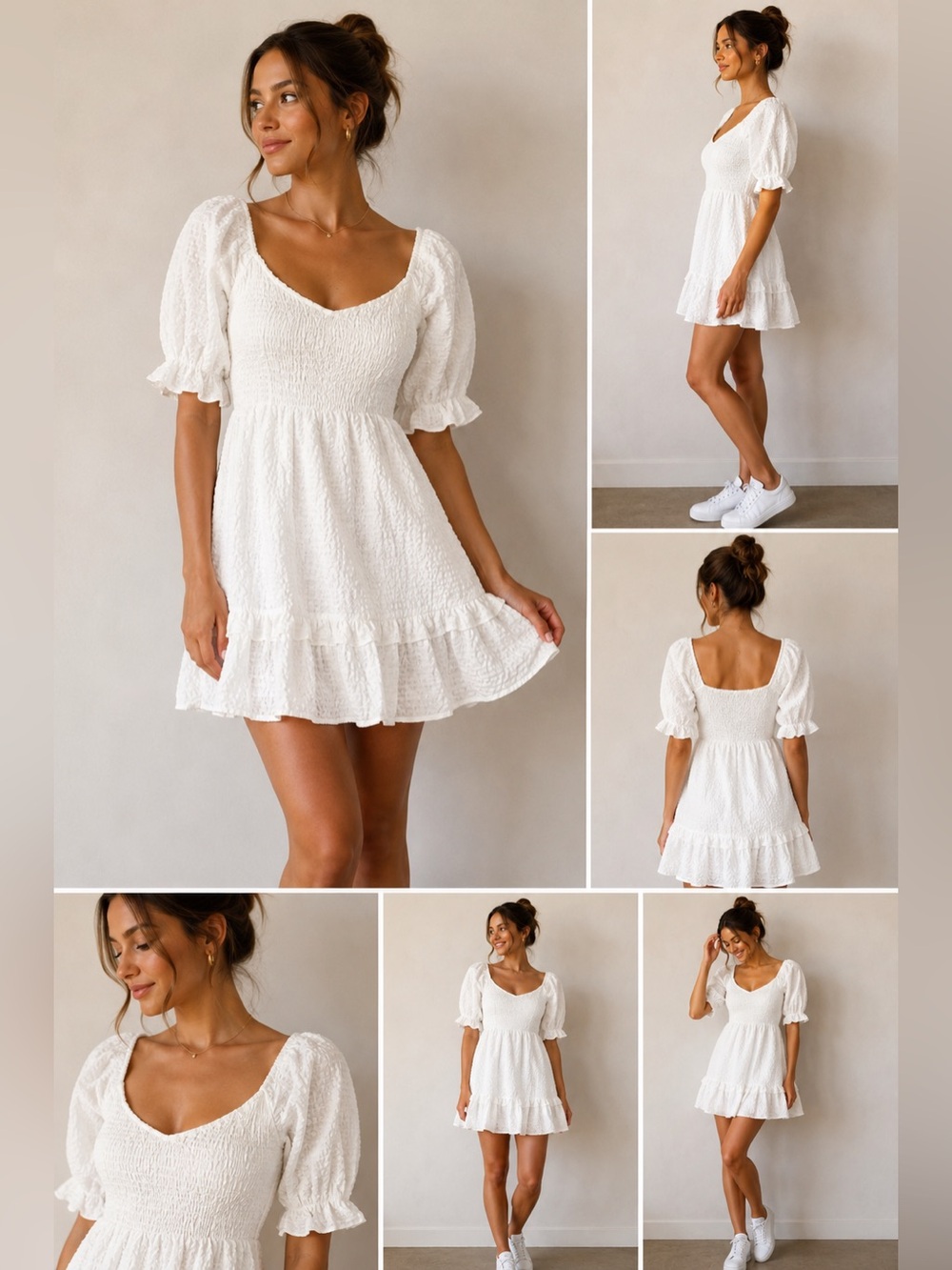 Altar'd State White Smocked Puff Sleeve Babydoll Mini Dress XS Cottagecore